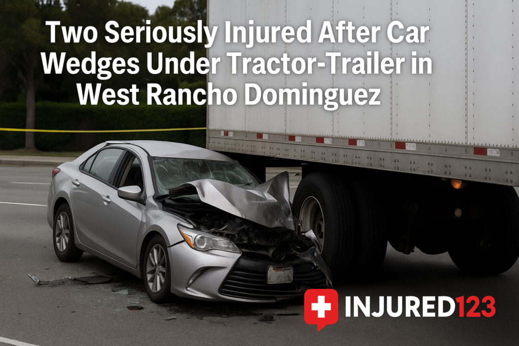 car wedges under tractor trailer west rancho dominguez serious injuries