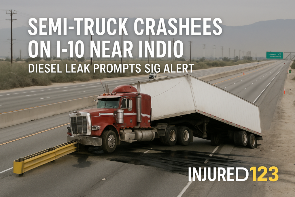 semi truck crash i 10 indio diesel leak sig alert
